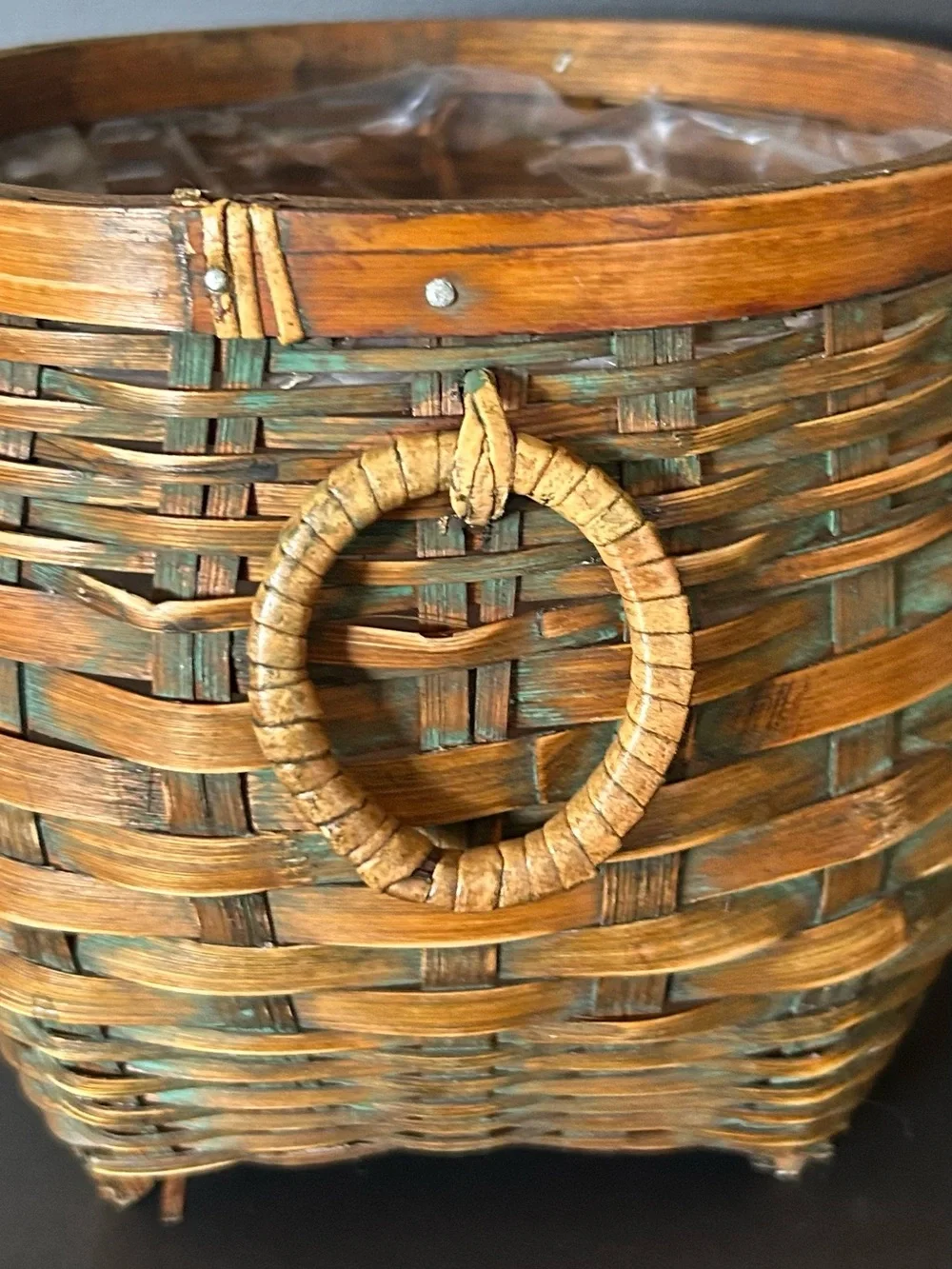 Vintage Handmade Split Wood Basket Planter Turquoise Patina Footed Boho Decor